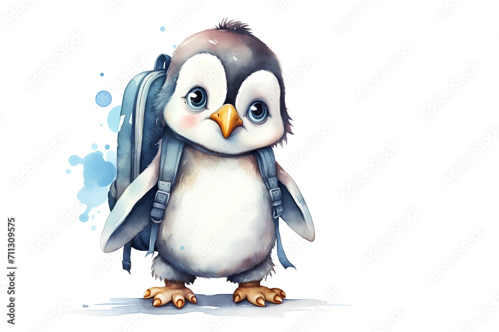 Obraz premium Cute cartoon penguin isolated on white background. Watercolor illustration