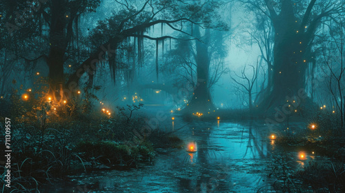 As night falls, the once peaceful swamp transforms into a labyrinth of glowing willothewisps, their ghostly forms weaving through the mist and tangles of overgrown vegetation, Fantasy art photo