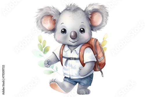 Cute cartoon koala with a backpack. Watercolor illustration.