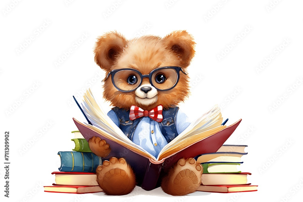 Cute teddy bear in glasses reading books. Vector illustration. Cute teddy bear in glasses reading books. Vector illustration.
