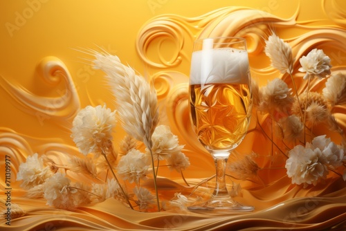 Beer Glass with Foam Swirls, on an isolated Wheat Yellow background, Generative AI