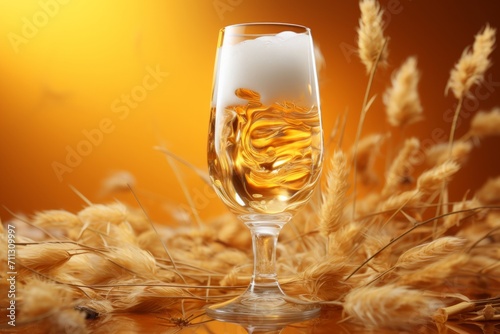 Beer Glass with Foam Swirls, on an isolated Wheat Yellow background, Generative AI