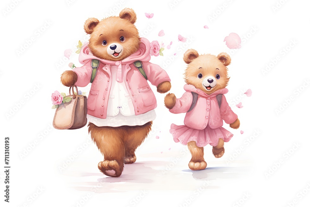 Watercolor illustration of a cute teddy bear in a pink jacket with a backpack and a bouquet of flowers. Watercolor illustration of a cute teddy bear in a pink jacket with a backpack and a bouquet of flowers.