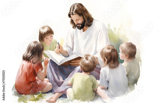 Illustration of Jesus Christ reading the Holy Bible to his children.