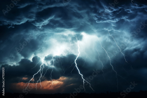 dark dramatic stormy sky with lightning and cumulus clouds aerial view for abstract background