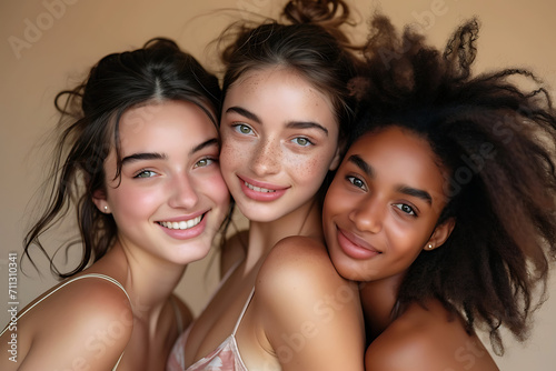 Stylish Bonding, Three Smiling Young Women in Beauty Portrait