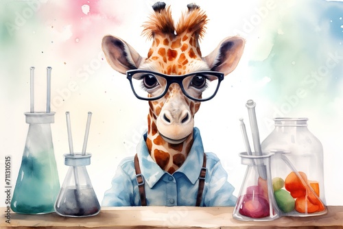 Watercolor portrait of funny giraffe with glasses. Hand drawn illustration