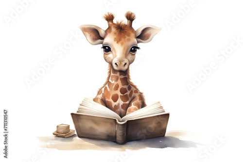 Cute giraffe with book isolated on white background. Watercolor illustration photo