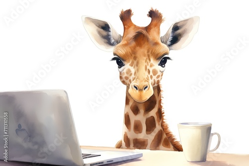 Cute giraffe with laptop and cup of coffee isolated on white background © hungryai