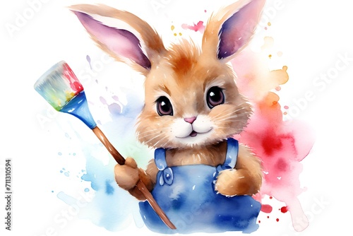 Rabbit with paintbrush. Watercolor illustration on white background.
