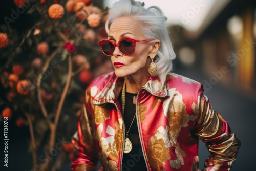 Stylish senior woman in red sunglasses on the street. Beauty, fashion.