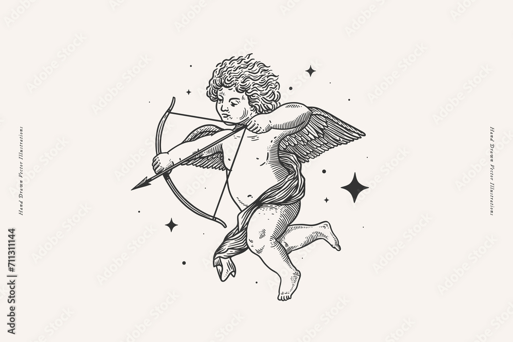 Fototapeta premium Beautiful Amur in the stars, shooting an arrow of love. Cupid, the god of romance and passion, on a light background. Antique mythological hero in engraving style.