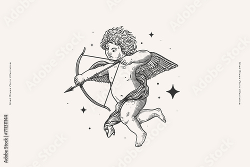 Beautiful Amur in the stars, shooting an arrow of love. Cupid, the god of romance and passion, on a light background. Antique mythological hero in engraving style. photo