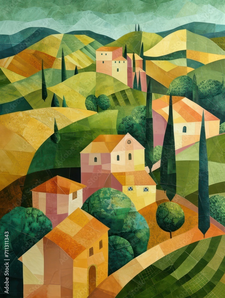 Cubist-style painting of a rural landscape with an origami twist, perfect for wall art, printing design, and wallpaper.
