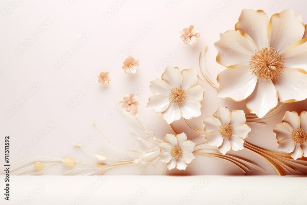 Happy women's day. Mother's day. 8 march. Flowers on stem with leaves, white Blossom floral bouquet in plastic 3d realistic render or paper cut. banner
