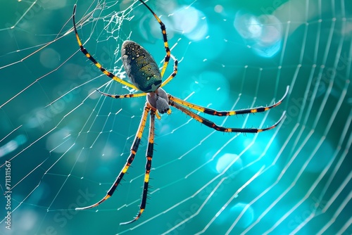 A large spider with long legs suspended on a web against a turquoise background.