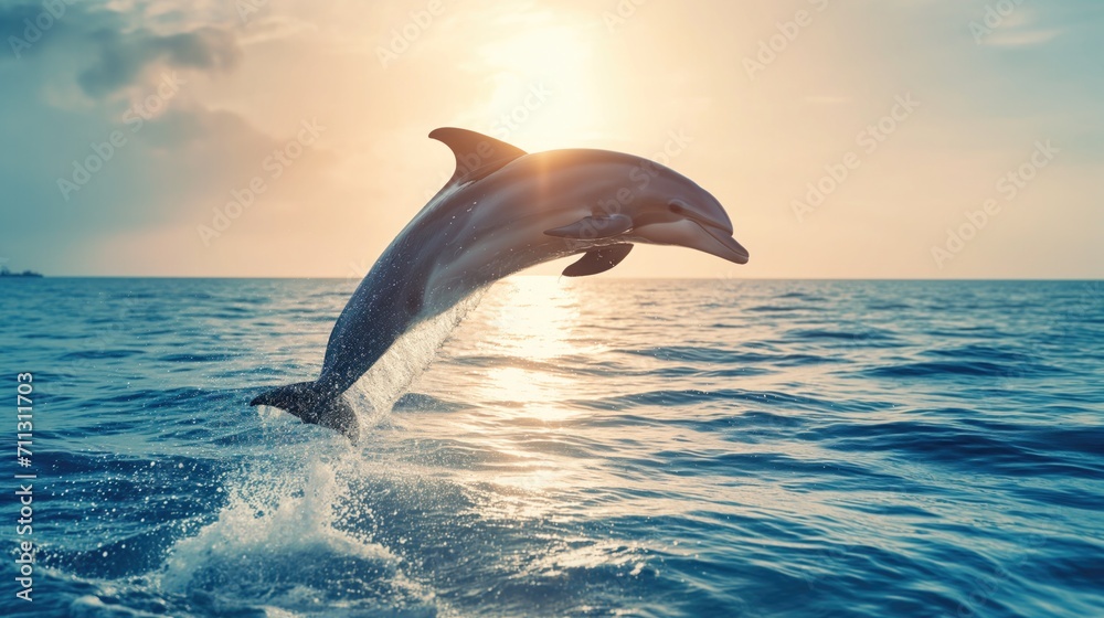 Dolphins jumping out of blue sea.