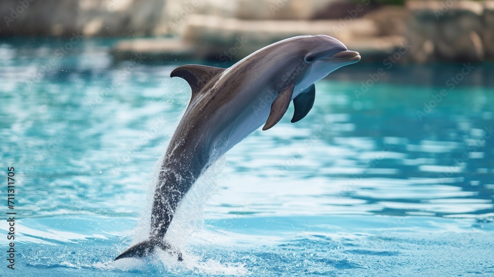 Fototapeta premium Dolphins jumping in a pool with clear blue water at an animal theme park.