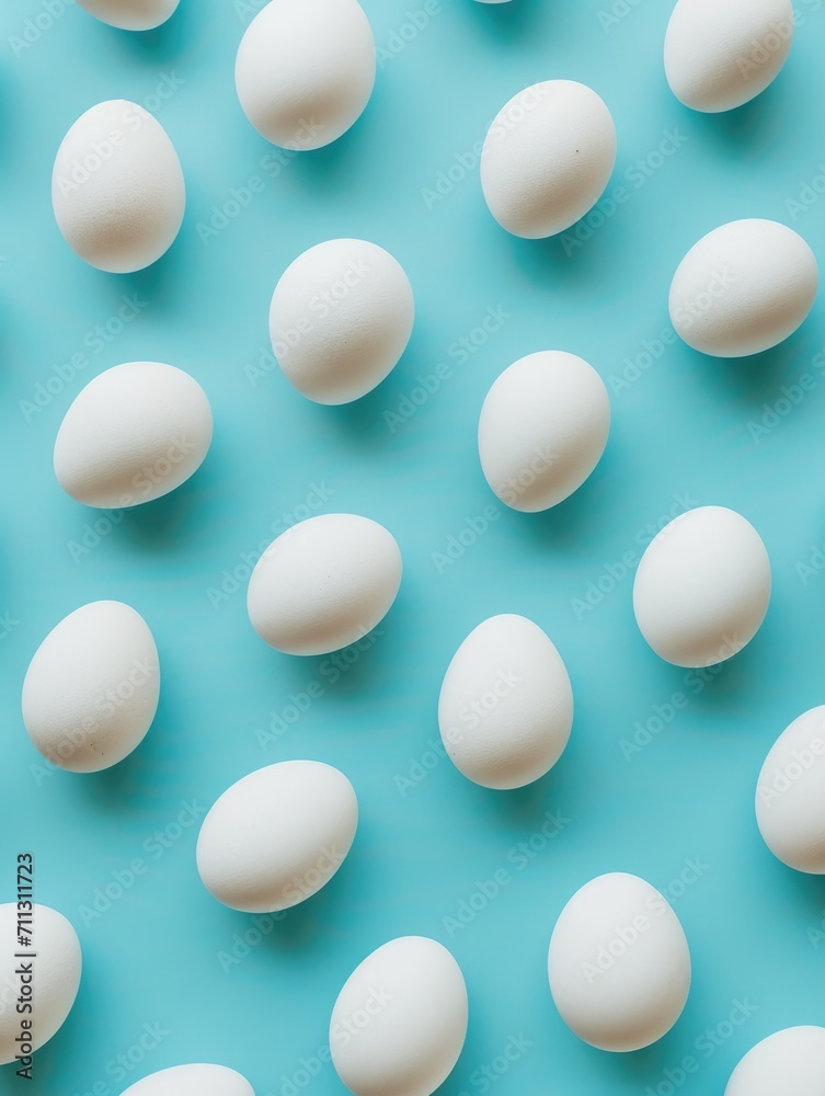Pattern of white organic eggs on blue background. Easter holiday concept. Pattern of white organic eggs on blue background. Easter holiday concept.