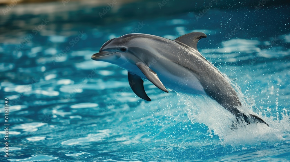Fototapeta premium Dolphins jumping in a pool with clear blue water at an animal theme park.