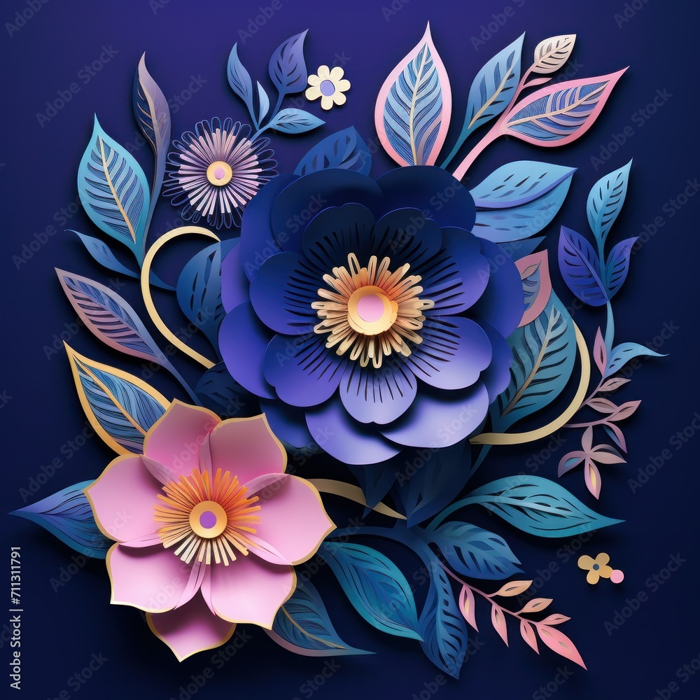 Abstract colorful flowers composition. Paper cut floral bouquet. Mother's day. Happy Women's day. Botanical 8 March. Invitation banner. Dark indigo