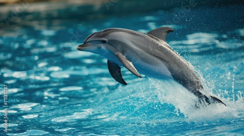 Dolphins jumping in a pool with clear blue water at an animal theme park.