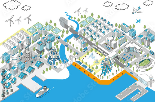 アイソメトリック・港町のジオラマイラスト港町（白背景）