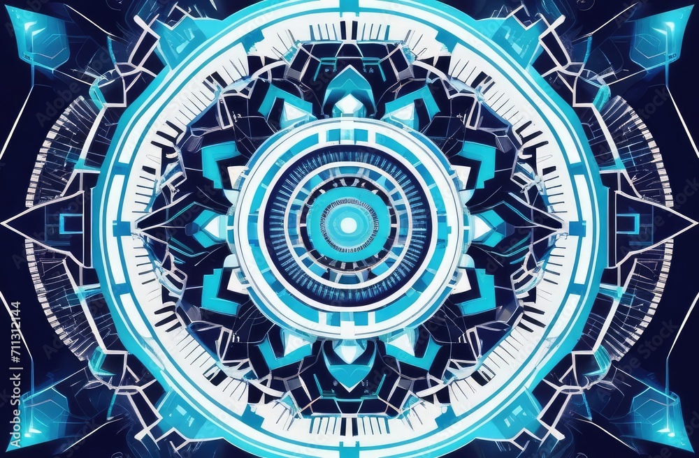 mesmerizing mandala in cybernetic style through geometric abstraction, merging shapes and patterns, visually stunning and intricate designs suitable for various creative projects