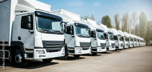 white cargo trucks in a row at parking. freight transportation industry
