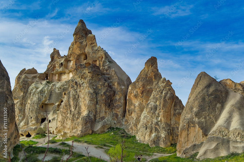 Typical Cappadocia landscape soft volcanic rock, shaped by erosion in Goreme, Turkey.