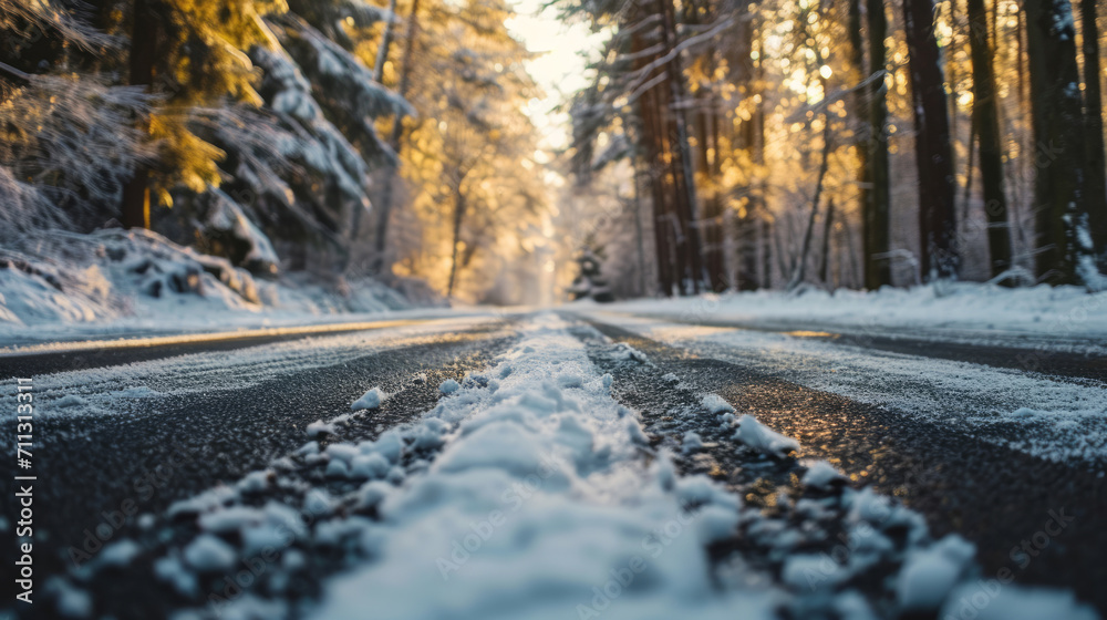 Snow covered empty rural asphalt road close-up, dense conifer forest at sunset. Winter Driving Hazards concept. Snow covered empty rural asphalt road close-up, dense conifer forest at sunset. Winter Driving Hazards concept.