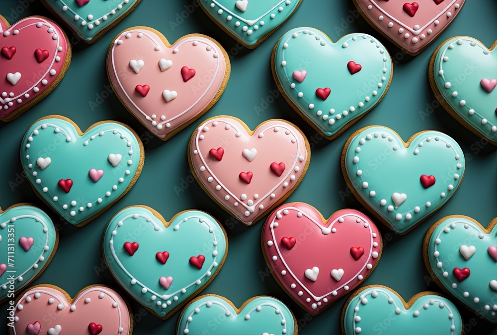 Decorated heart shaped cookies on blue background. Created with Ai