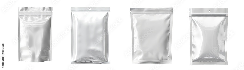 Set of white blank aluminum foil food packing bags ,product mockup ,isolated on a transparent background. PNG, cutout, or clipping path.