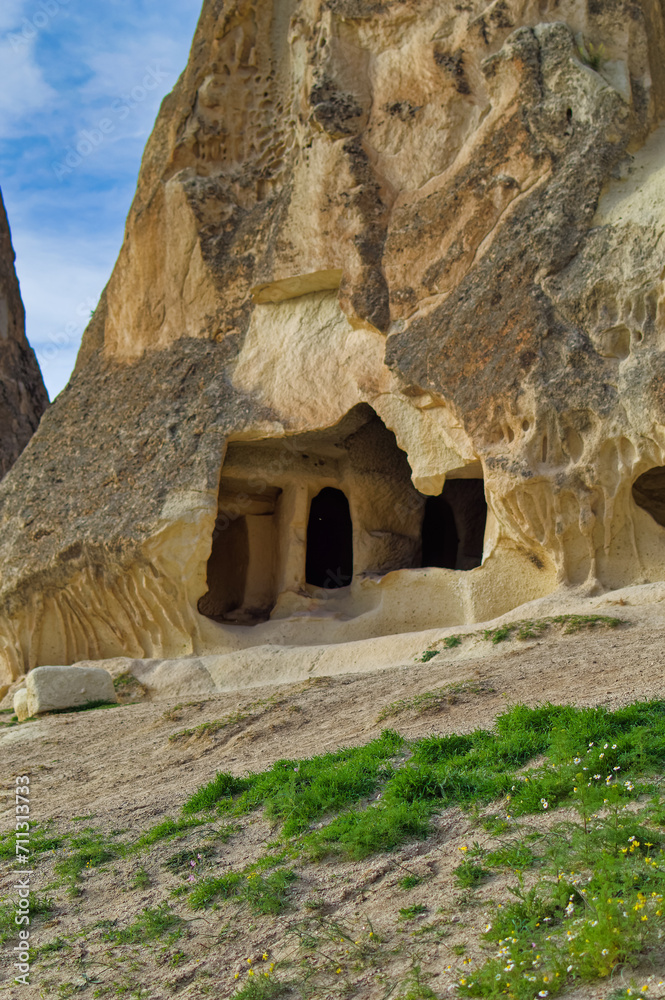 Typical Cappadocia landscape soft volcanic rock, shaped by erosion in Goreme, Turkey.