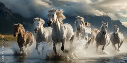 Herd of horses running through water with mountains in the background photo