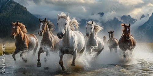 Herd of horses running through water with mountains in the background