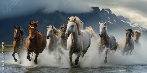 Herd of horses running through water with mountains in the background
