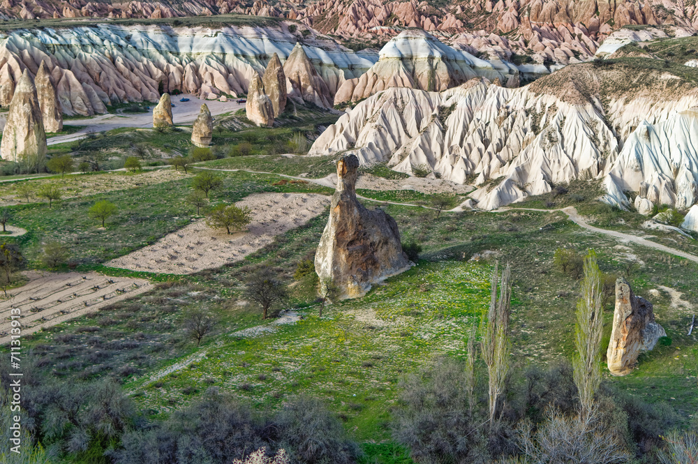Typical Cappadocia landscape soft volcanic rock, shaped by erosion in Goreme, Turkey.