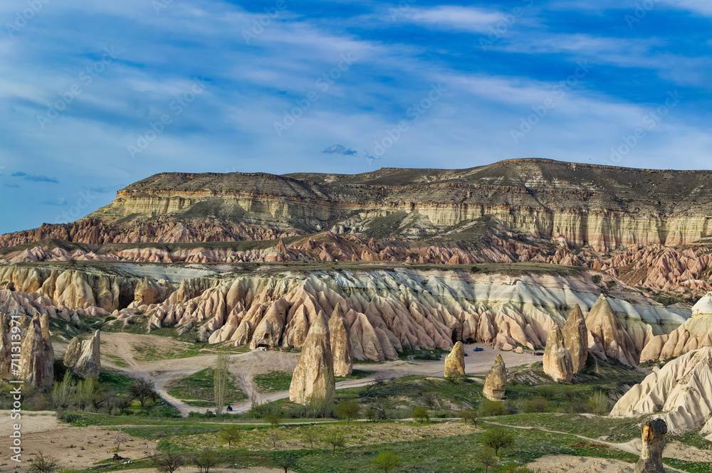 Typical Cappadocia landscape soft volcanic rock, shaped by erosion in Goreme, Turkey.