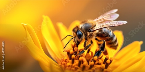 Honeybee collecting nectar on a vibrant yellow flower