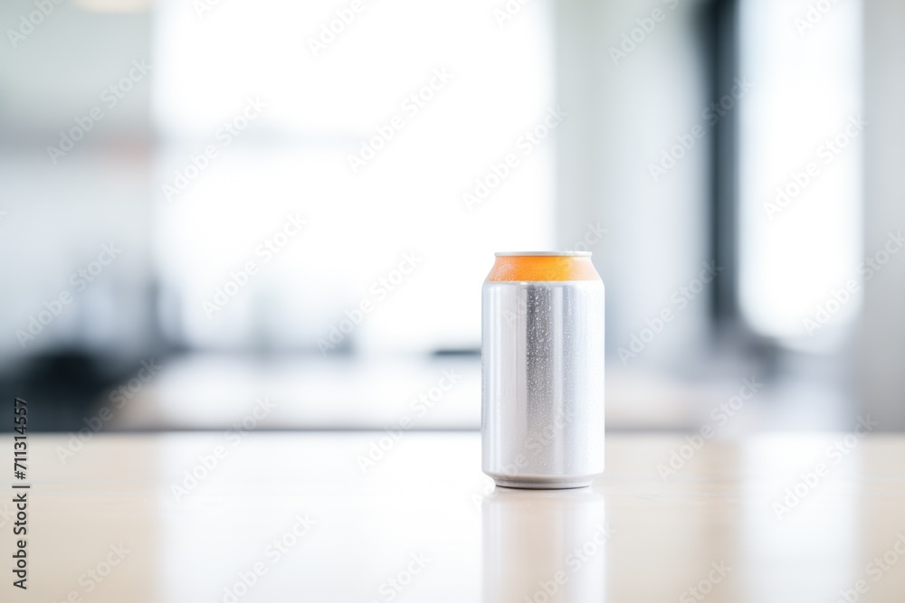 aluminum can at the forefront with blurred white backdrop
