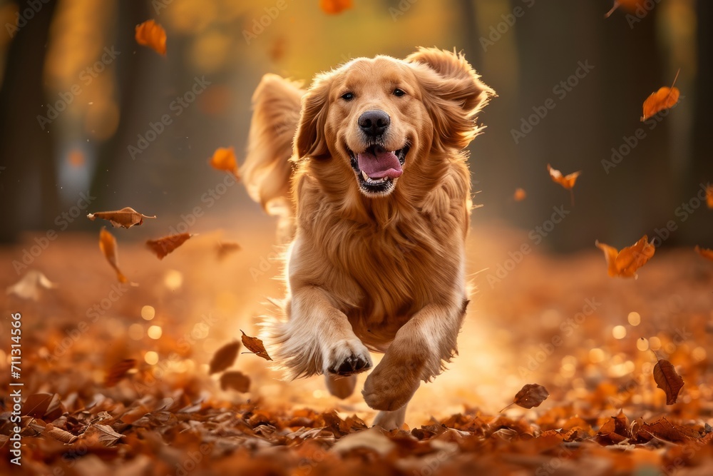 Golden retriever running joyfully through autumn leaves