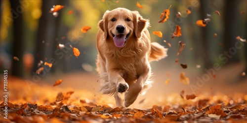 Golden retriever running joyfully through autumn leaves