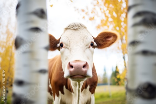 brown and white cow looking at camera with trees behind © Natalia