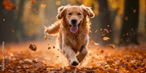 Golden retriever running joyfully through autumn leaves