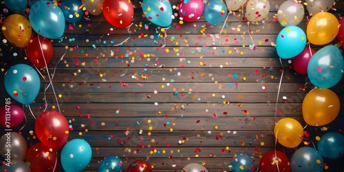 Colorful balloons and confetti on a wooden floor