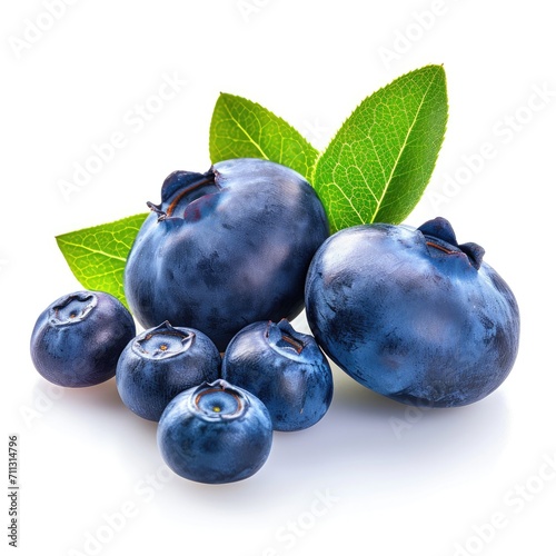 Blueberries with leaves. Bilberries isolated on white. Full depth of field.