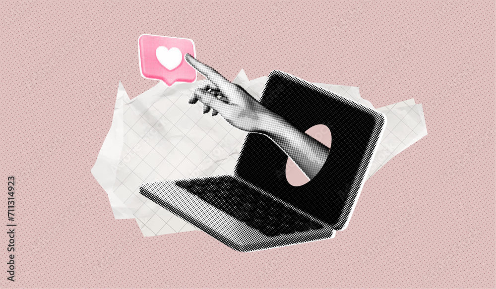 Trendy Halftone Collage Hand points to reaction like from laptop screen. Smm strategy. Social media algorithm. Influence and popularity. Contemporary art collage. Vector retro pop art illustration