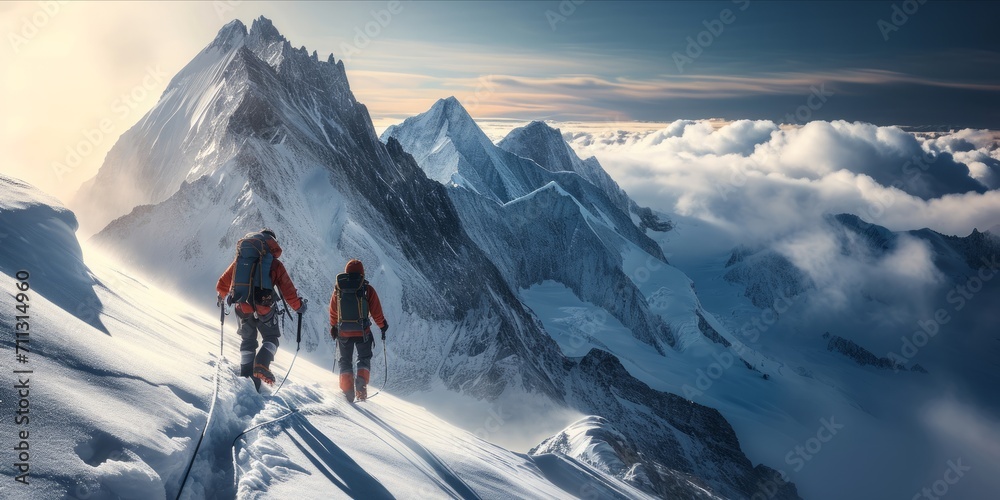 Two hikers ascending a snowy mountain range