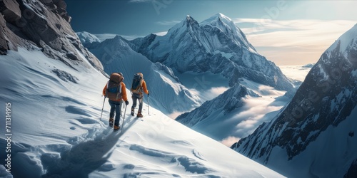 Two hikers ascending a snowy mountain range